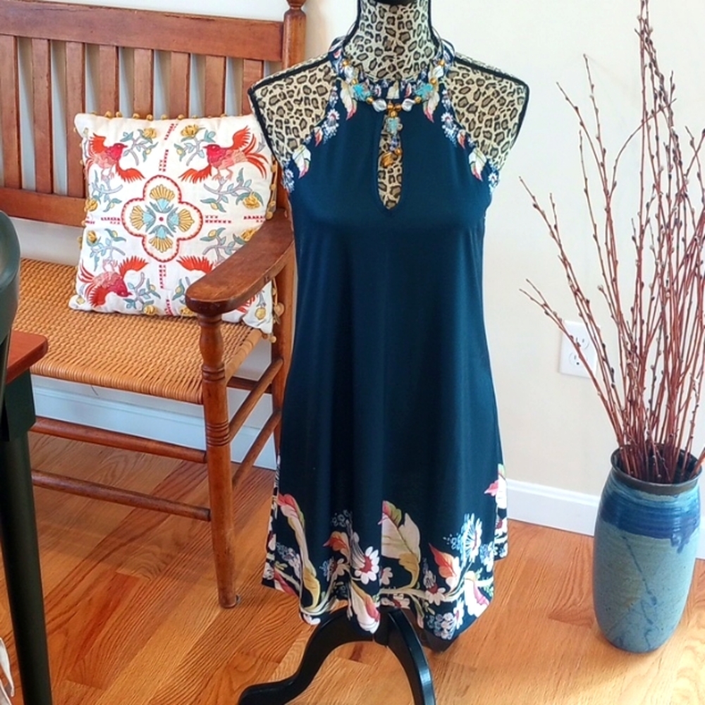 Halter Style Dress, Ladies Size:XS NWT Navy Blue w/Printed Botanical Border